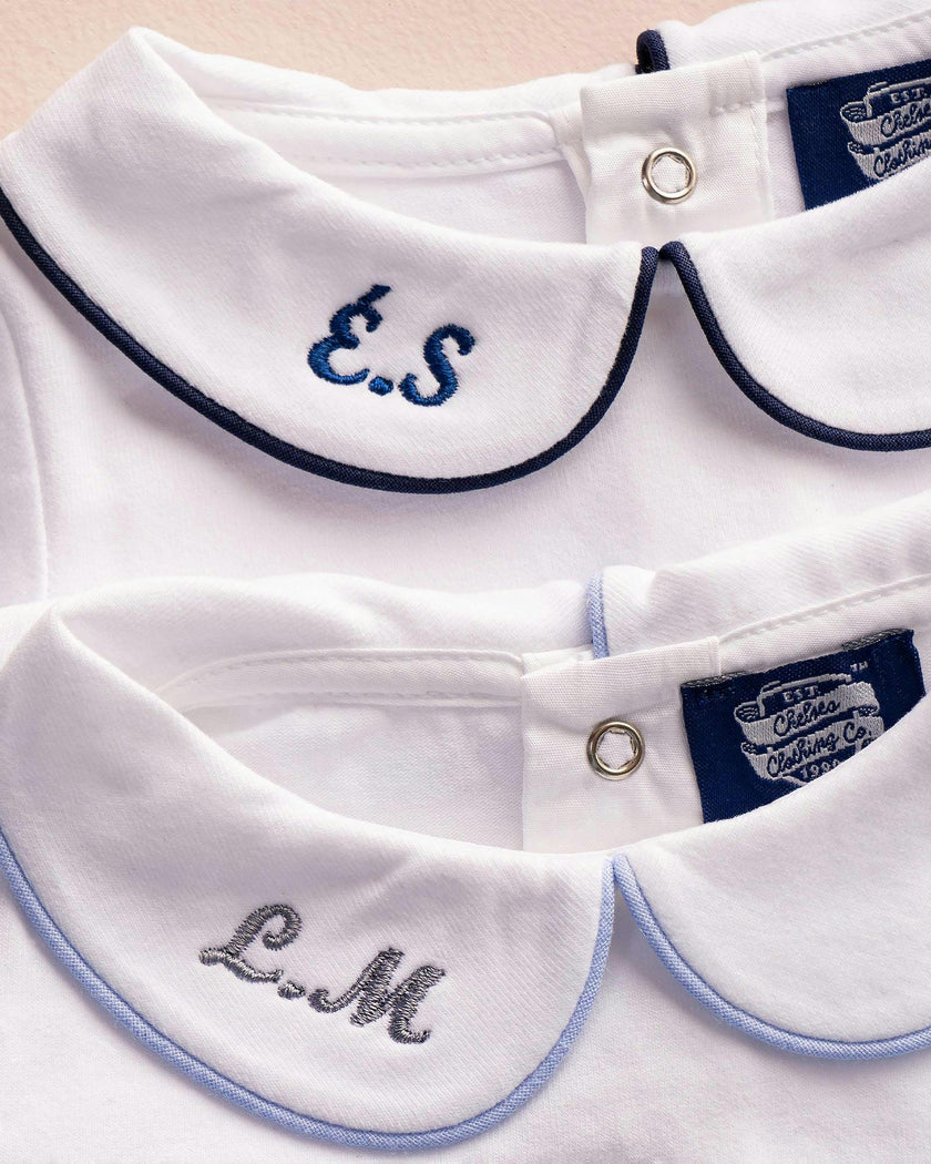 Baby Long-Sleeved Milo Bodysuit in White/Navy