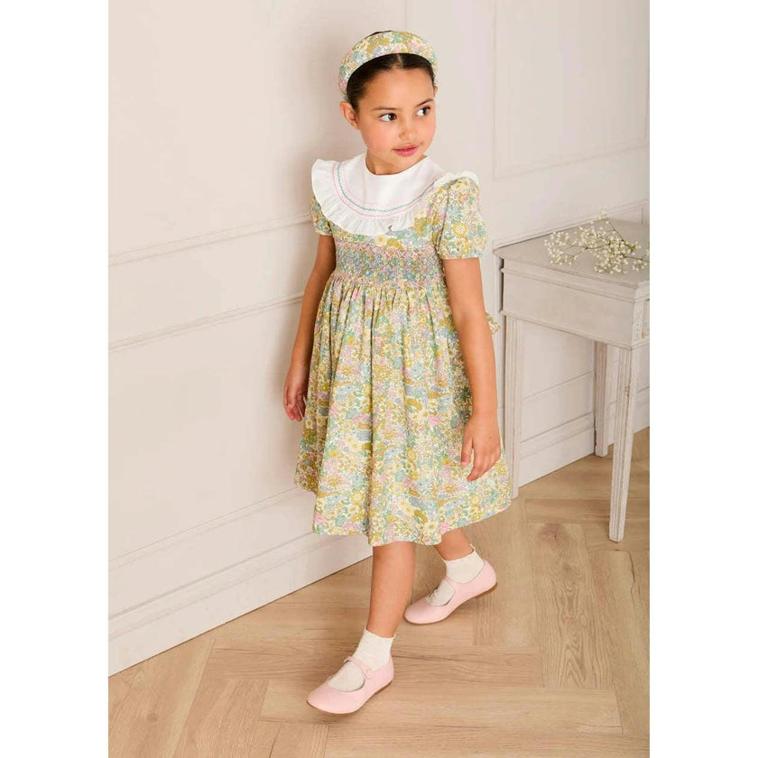 Charlotte Floral Hand Smocked Embroidered Collar Short Sleeve Dress in Green (4-8yrs)