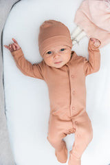 Knitted Front Opening Long Sleeve Romper, Hat, and Pouch Three Piece Set