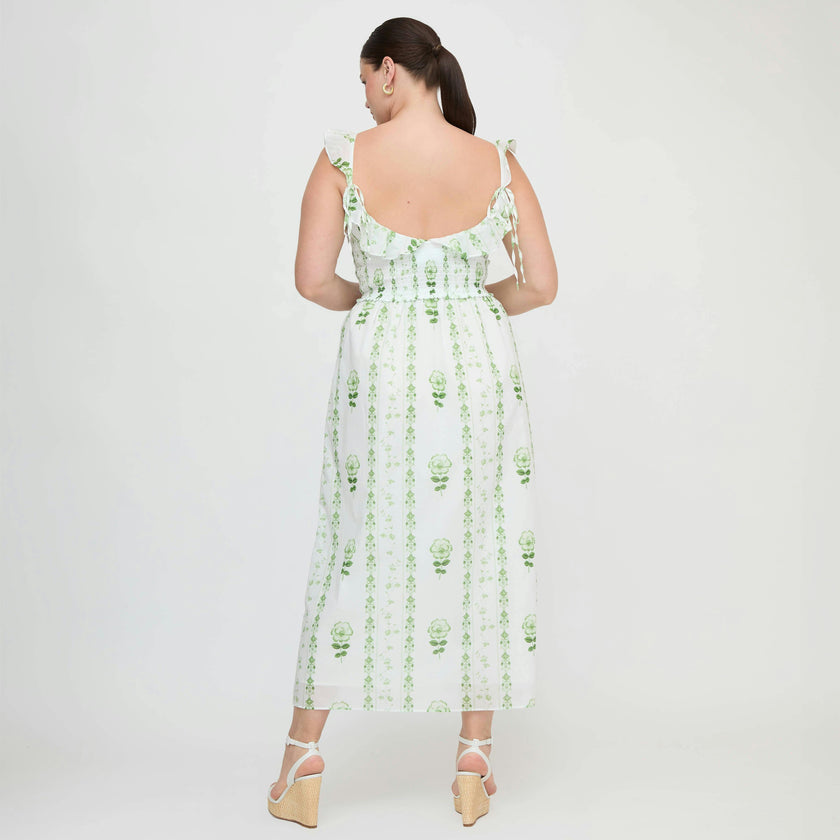 The Cambria Nap Dress - White/Green Arcadia Border
