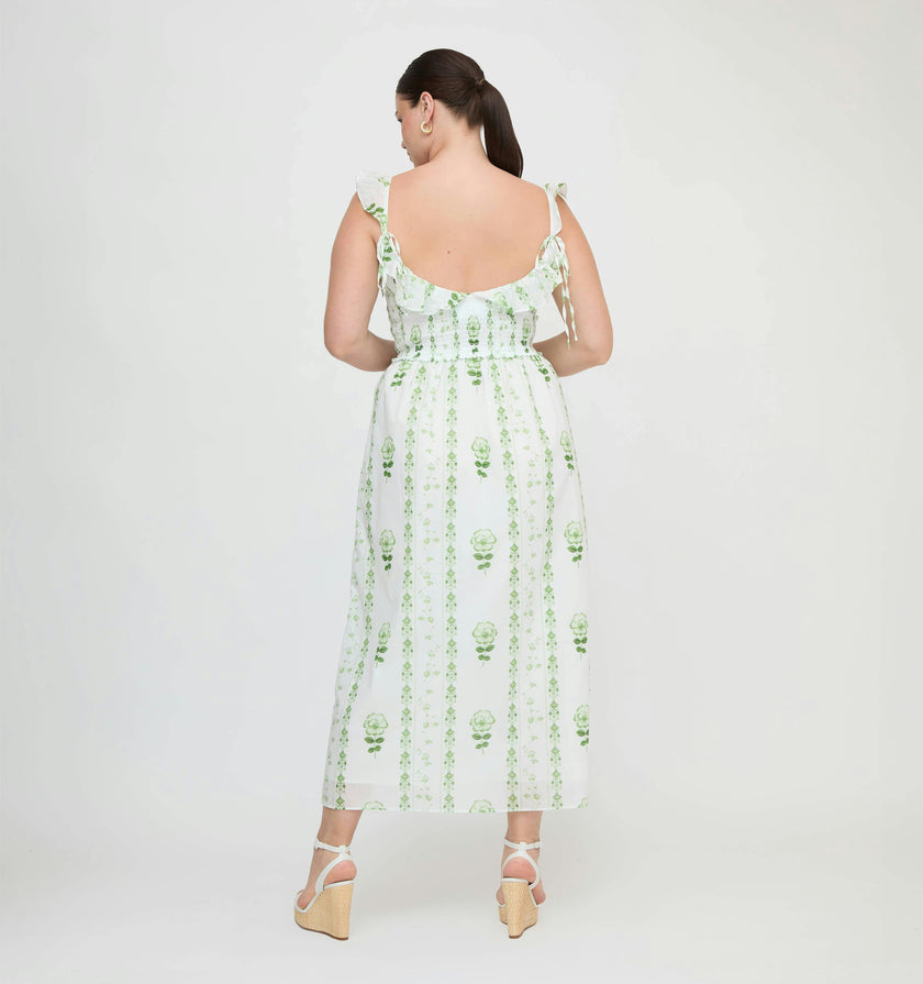 The Cambria Nap Dress - White/Green Arcadia Border