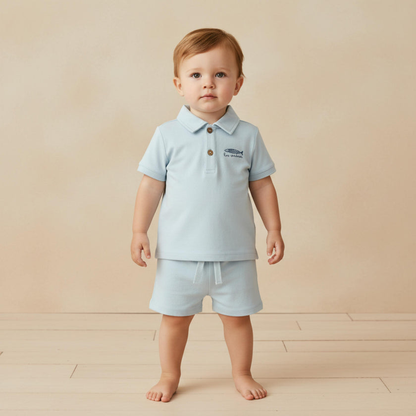 Organic Polo Shirt & Shorts Set - Light Blue