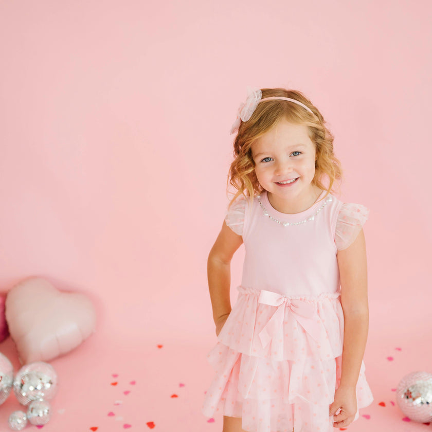 Flocked Heart Tiered Short Sleeve Tutu Dress