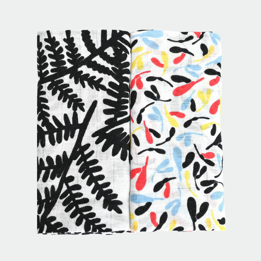 PLANT PRINT 2-PACK MUSLIN SQUARES - for 0 to 4 months & 5+ month old babies