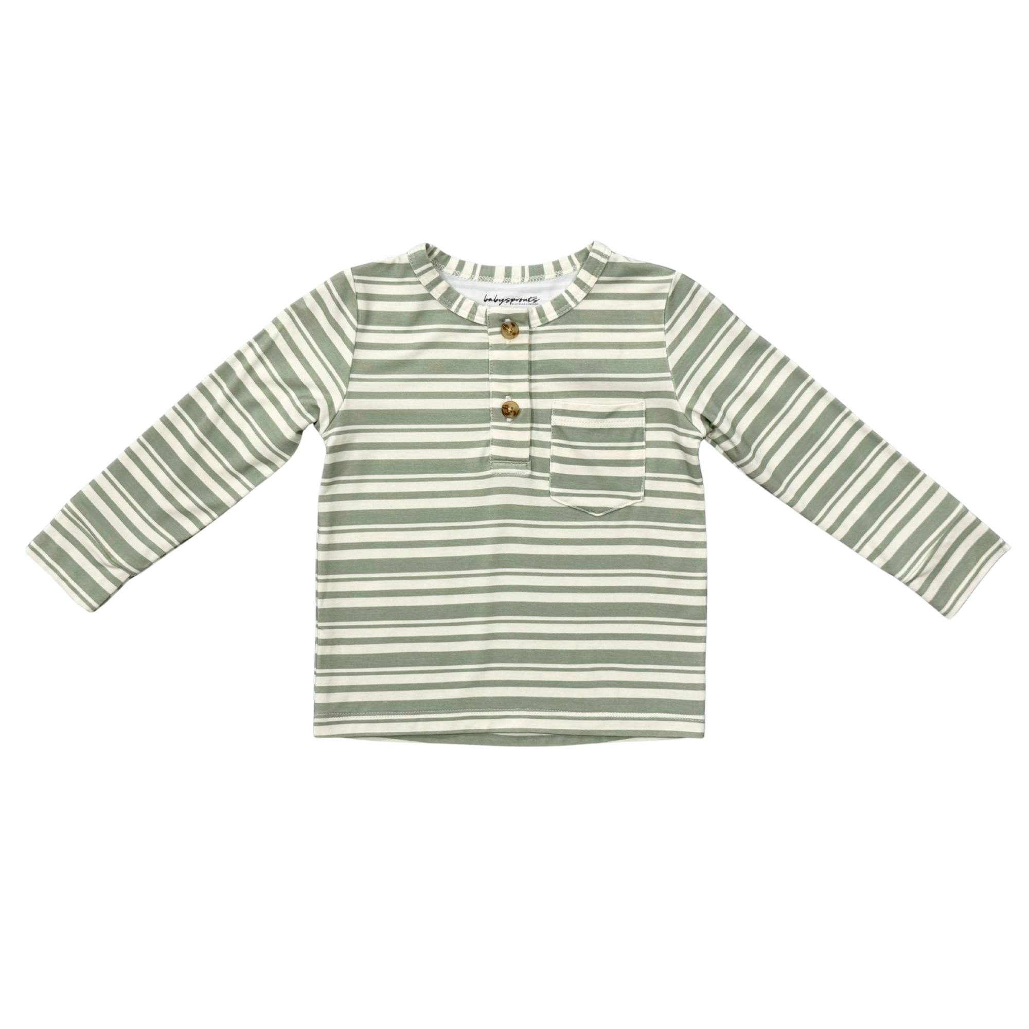 Boys Long Sleeve Henley Shirt in Sage Stripe