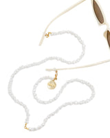 Packed Party Sunny Daze Cat Eye Sunglasses and Pearl Shell Chain Set – White Cat Eye with Freshwater Pearl Chain, 1.75x5.75 Inch Sunglasses with 31.5 Inch Chain