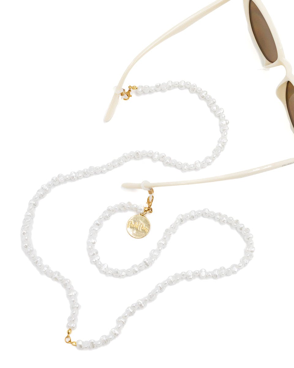 Packed Party Sunny Daze Cat Eye Sunglasses and Pearl Shell Chain Set – White Cat Eye with Freshwater Pearl Chain, 1.75x5.75 Inch Sunglasses with 31.5 Inch Chain