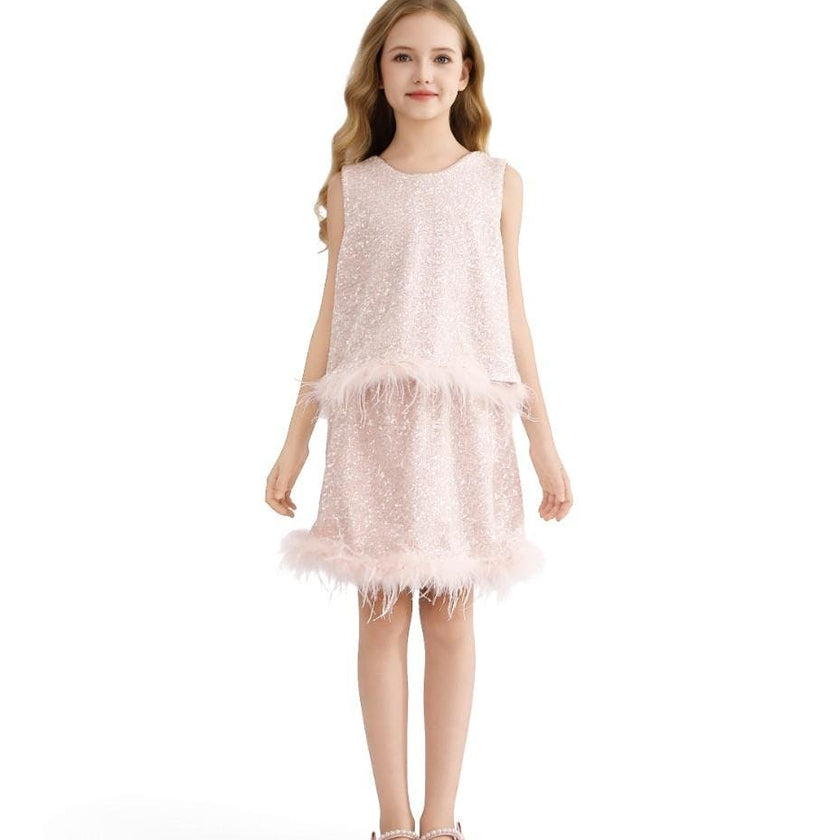 Peach Sequin Feather-Trim Set