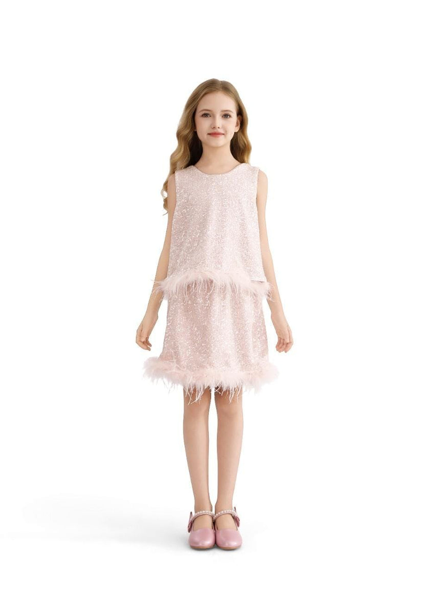 Peach Sequin Feather-Trim Set