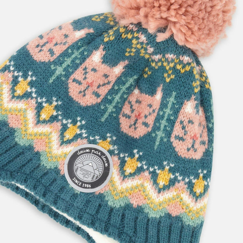 Lined Peruvian Knit Pompom Hat Green And Pink