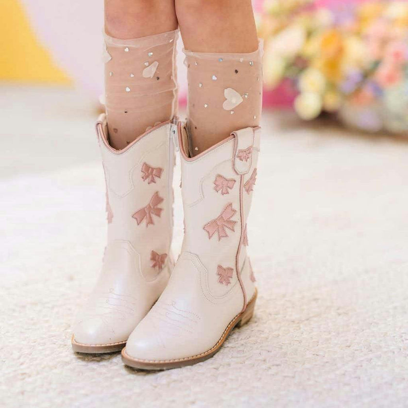 Cowgirl White + Pink Bow Boots, White