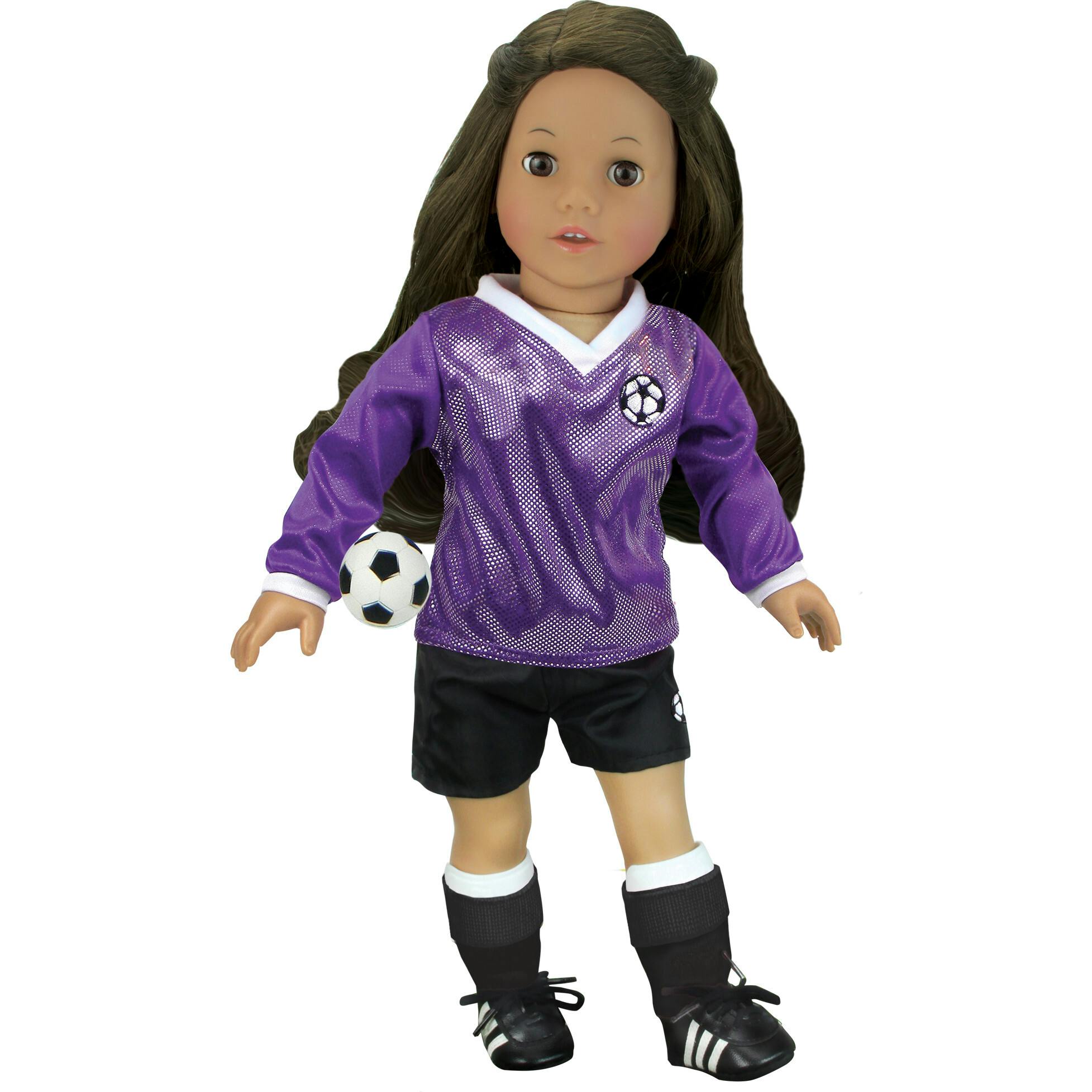 Sophia’s Purple Long-Sleeved V-Neck Jersey, Black Shorts, and Ball for 18” Dolls