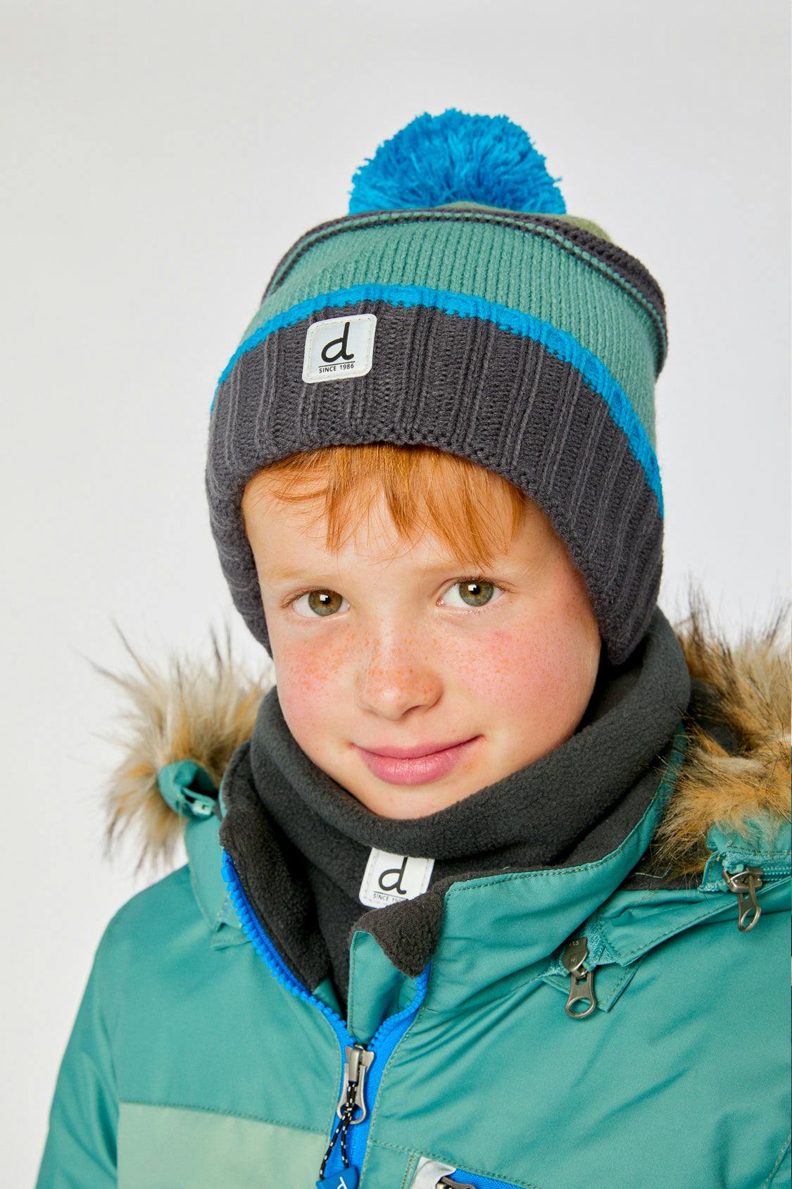 Winter Knit Hat with Pompom Blue and Grey Knitwear