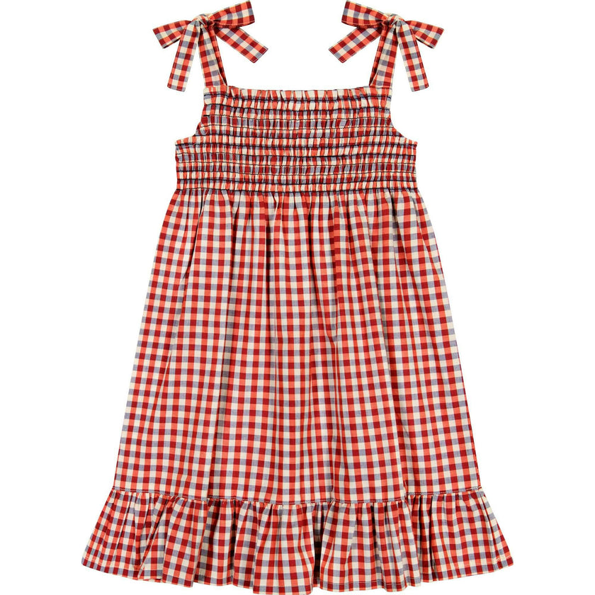 India Smocked Shoulder Tie Sundress, Plaid