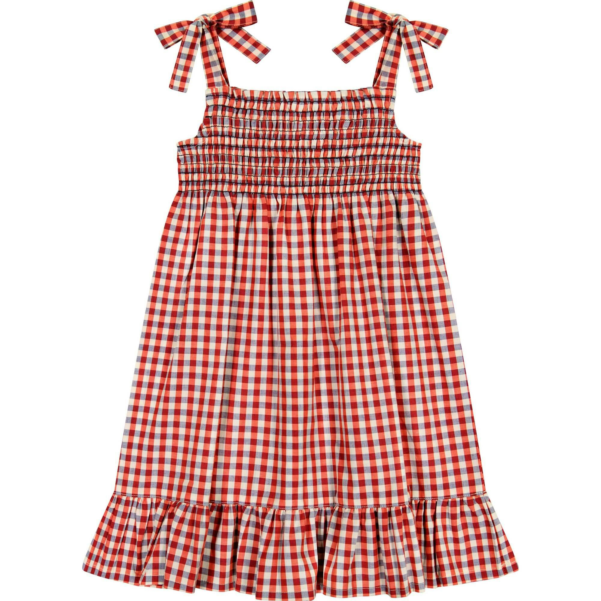 India Smocked Shoulder Tie Sundress, Plaid