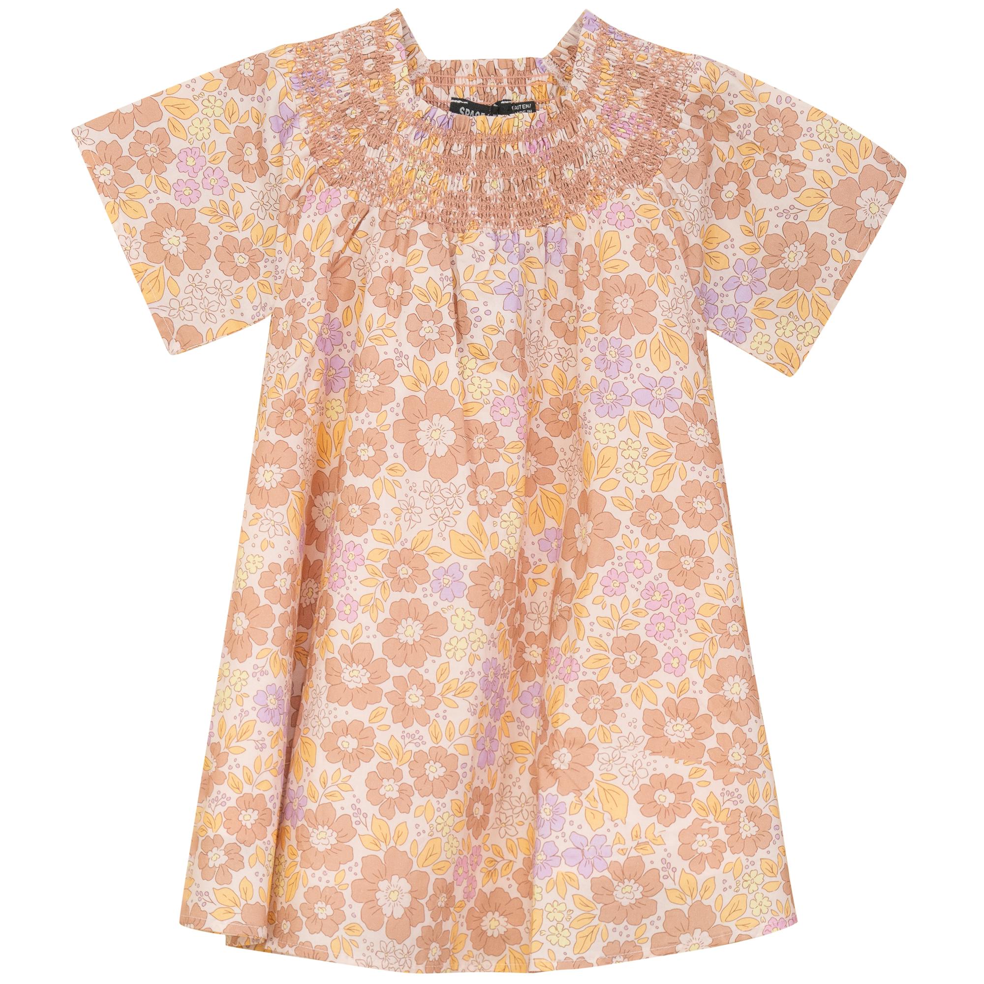 Woven Floral Print Smocked Three-Quarter Sleeve Dress