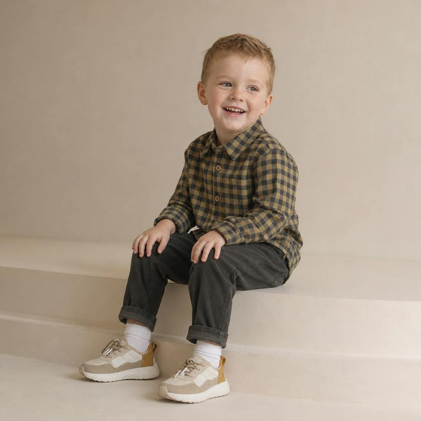 Organic Collared Long Sleeve Shirt - Olive Gingham