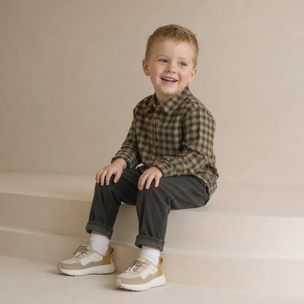 Organic Collared Long Sleeve Shirt - Olive Gingham
