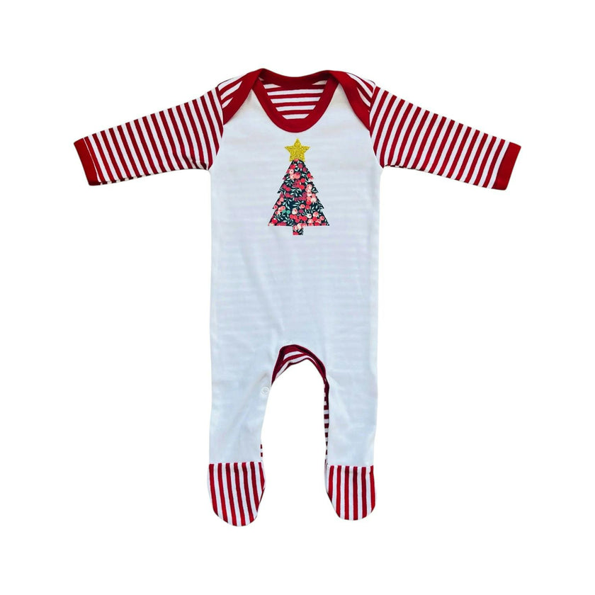 Liberty of London Christmas tree design baby striped rompersuit