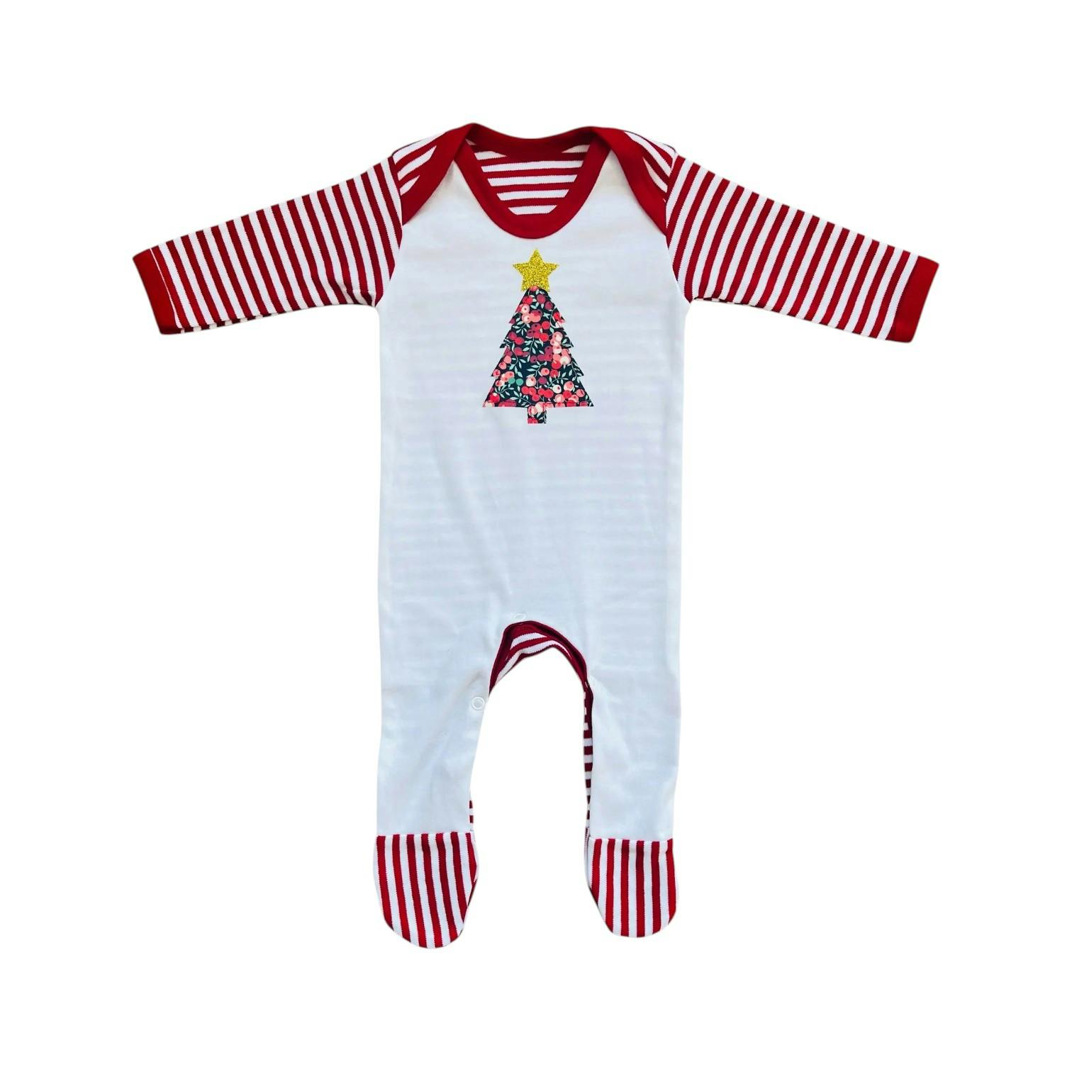 Liberty of London Christmas tree design baby striped rompersuit