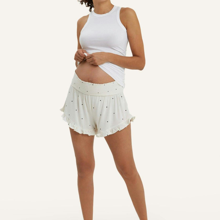 Women's Fleur Smocked Waist Ruffle Trim Maternity Short