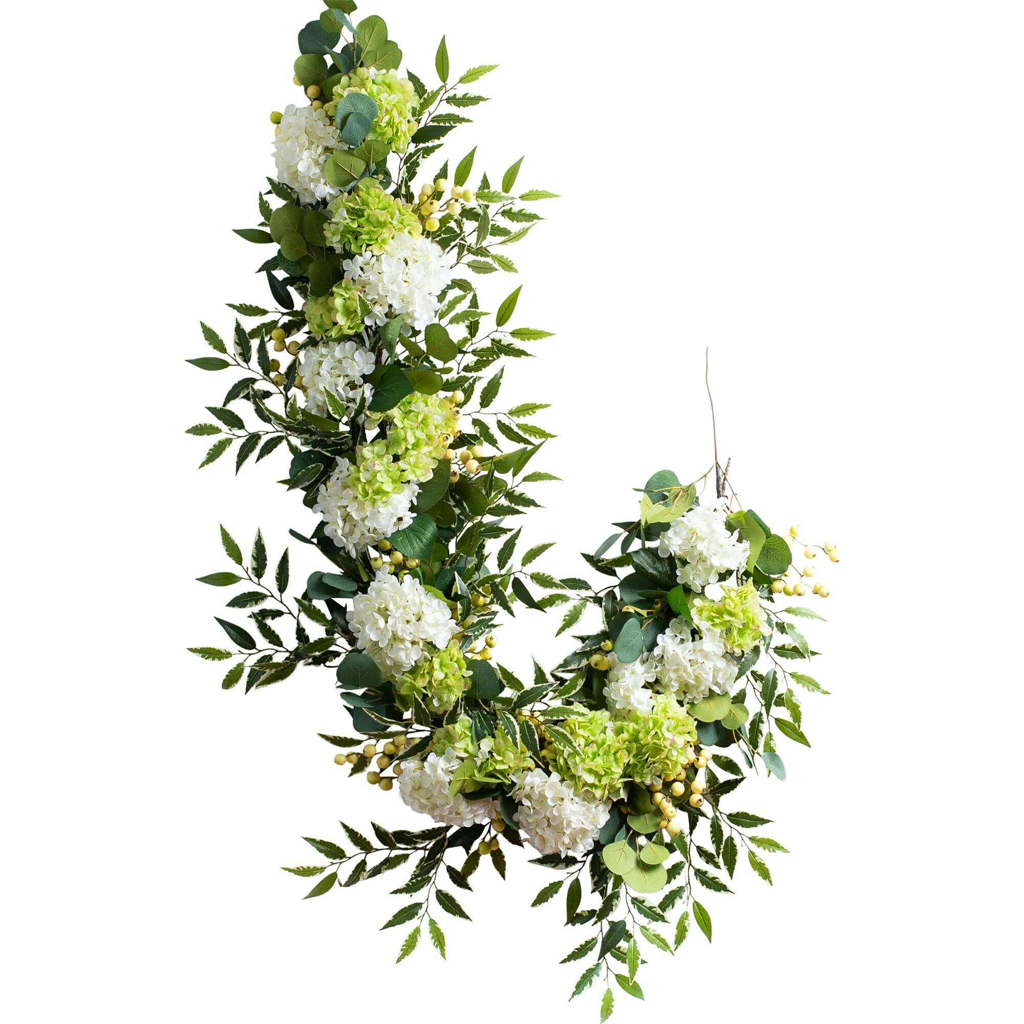 White & Green Hydrangea with Cream Berry Artificial All Seasons Greenery Mantle Garland and Table Runner