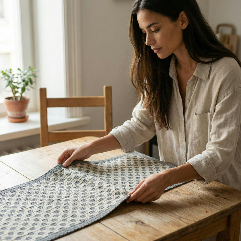 Artisan Hand Loomed Cotton Table Runner - Navy Dots - 18"x96"