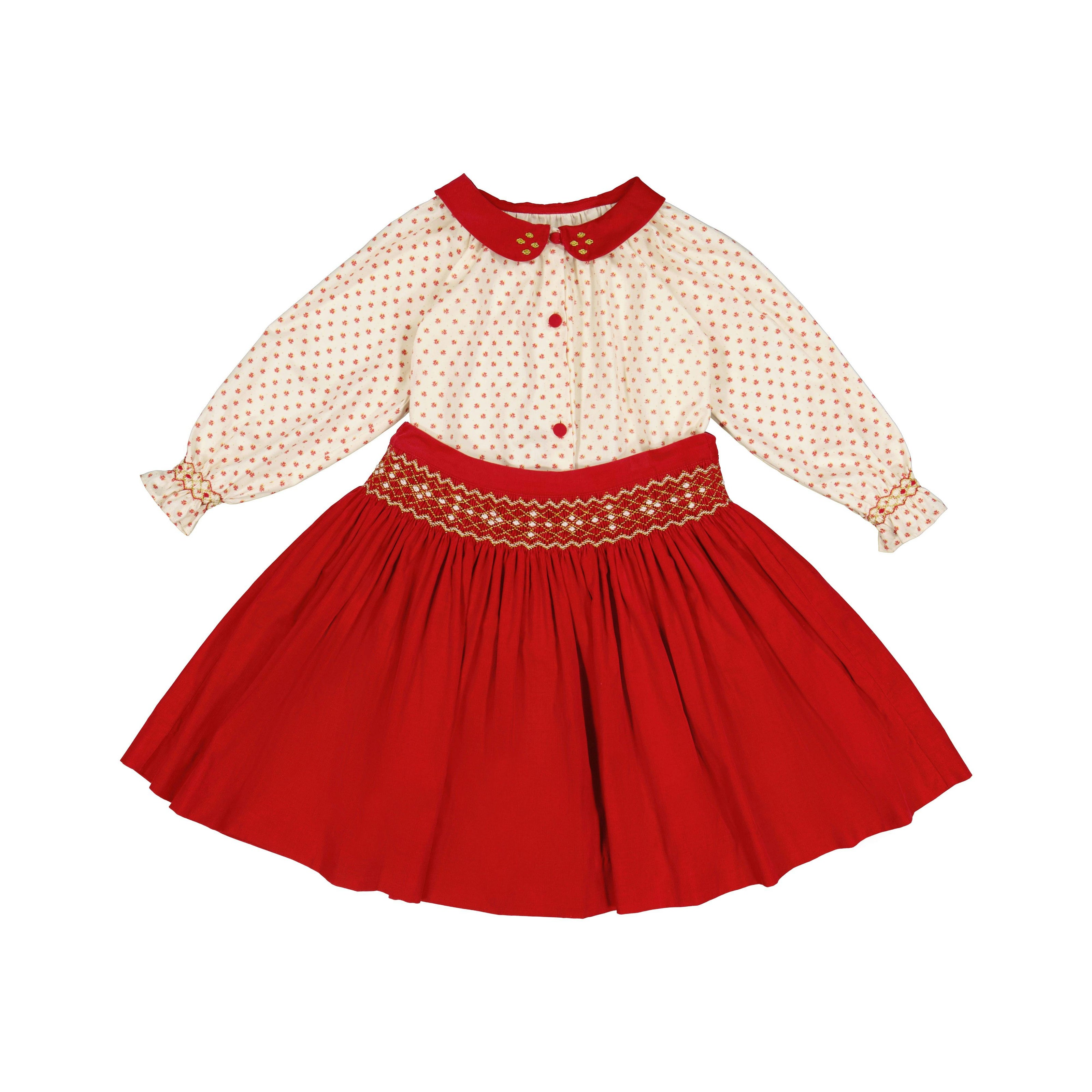 Marie Red Smocked Skirt & Blouse