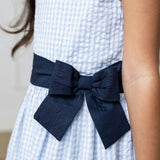 Organic Sleeveless Special Occasion Seersucker Party Dress with Cross Back, Blue