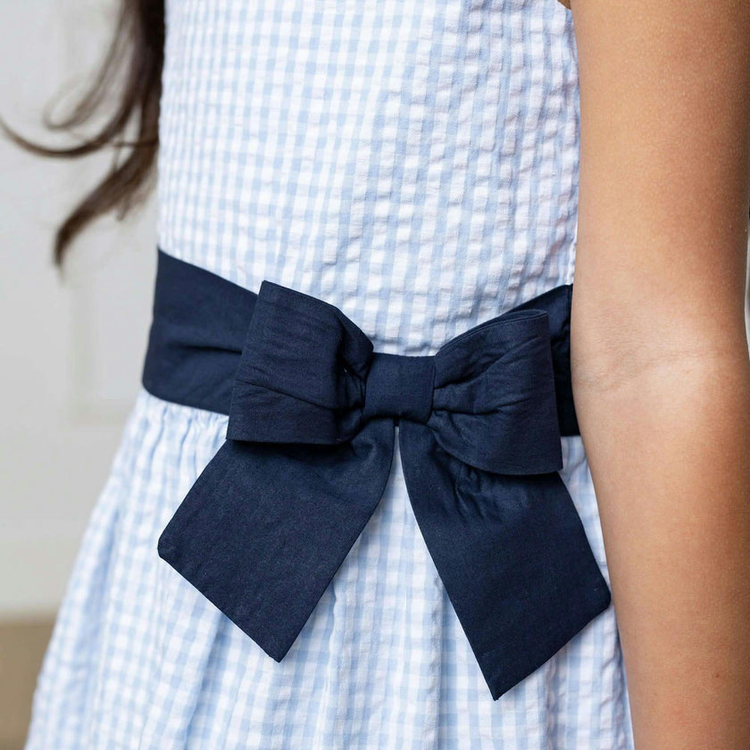 Organic Sleeveless Special Occasion Seersucker Party Dress with Cross Back, Blue