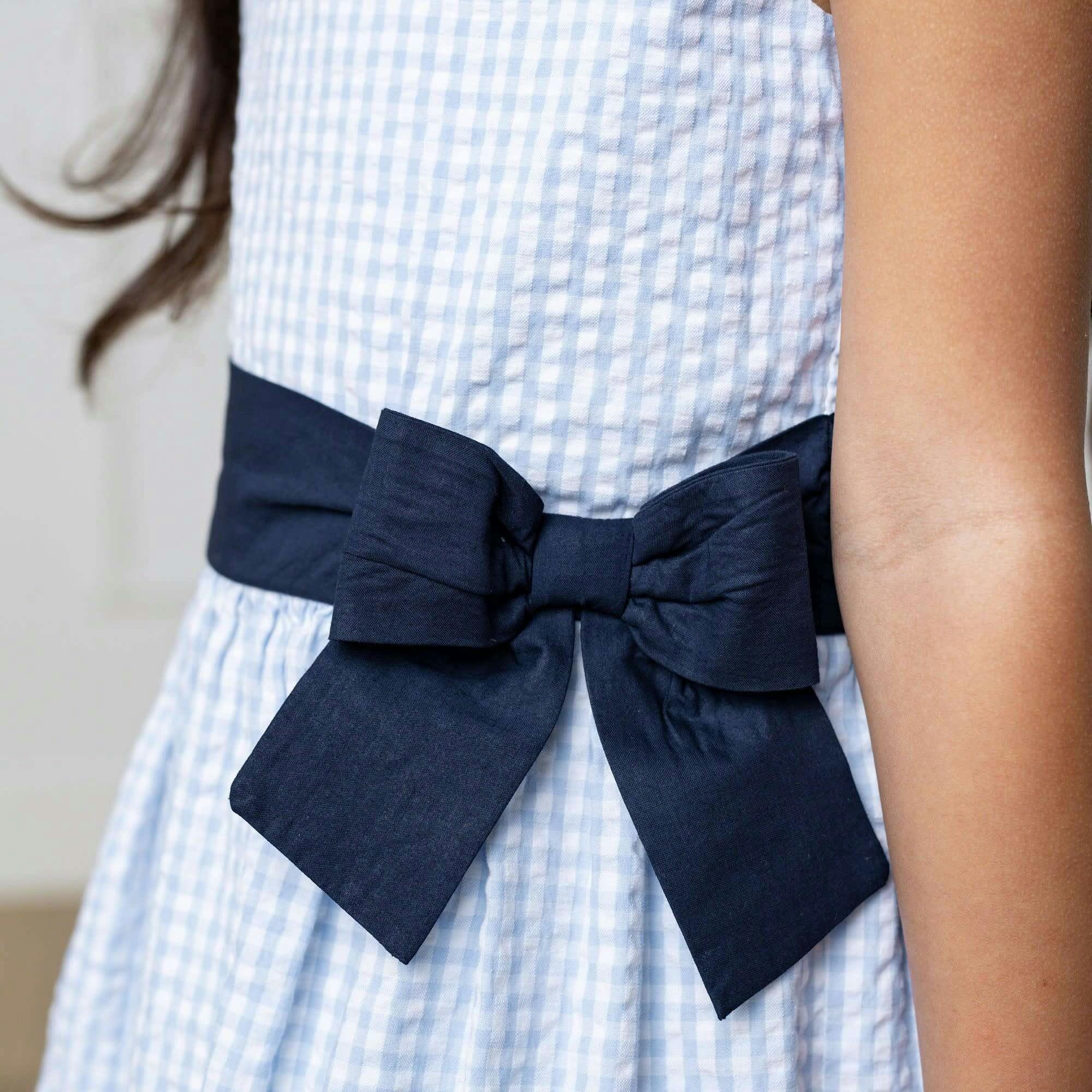 Organic Sleeveless Special Occasion Seersucker Party Dress with Cross Back, Blue