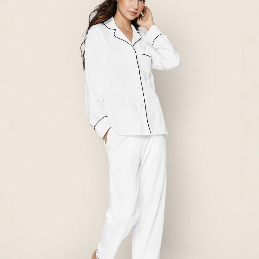 Women's Pima Pajama Set in White with Navy Piping