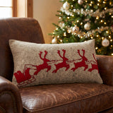 Handmade Christmas Pillow Hand Felted Wool - Red Reindeer Gray - 12"x24"