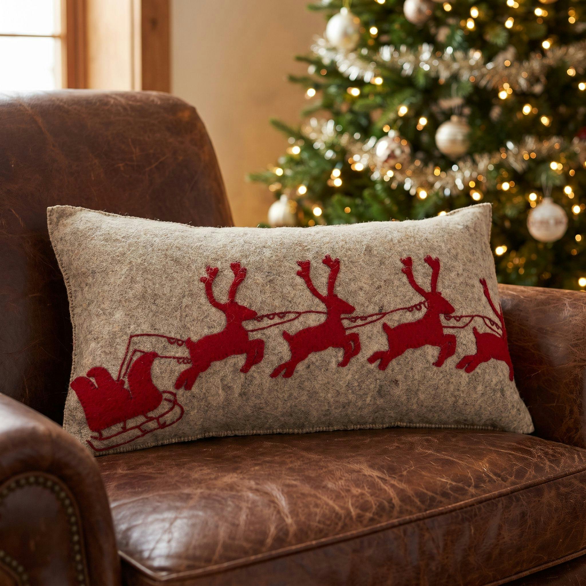 Handmade Christmas Pillow Hand Felted Wool - Red Reindeer Gray - 12