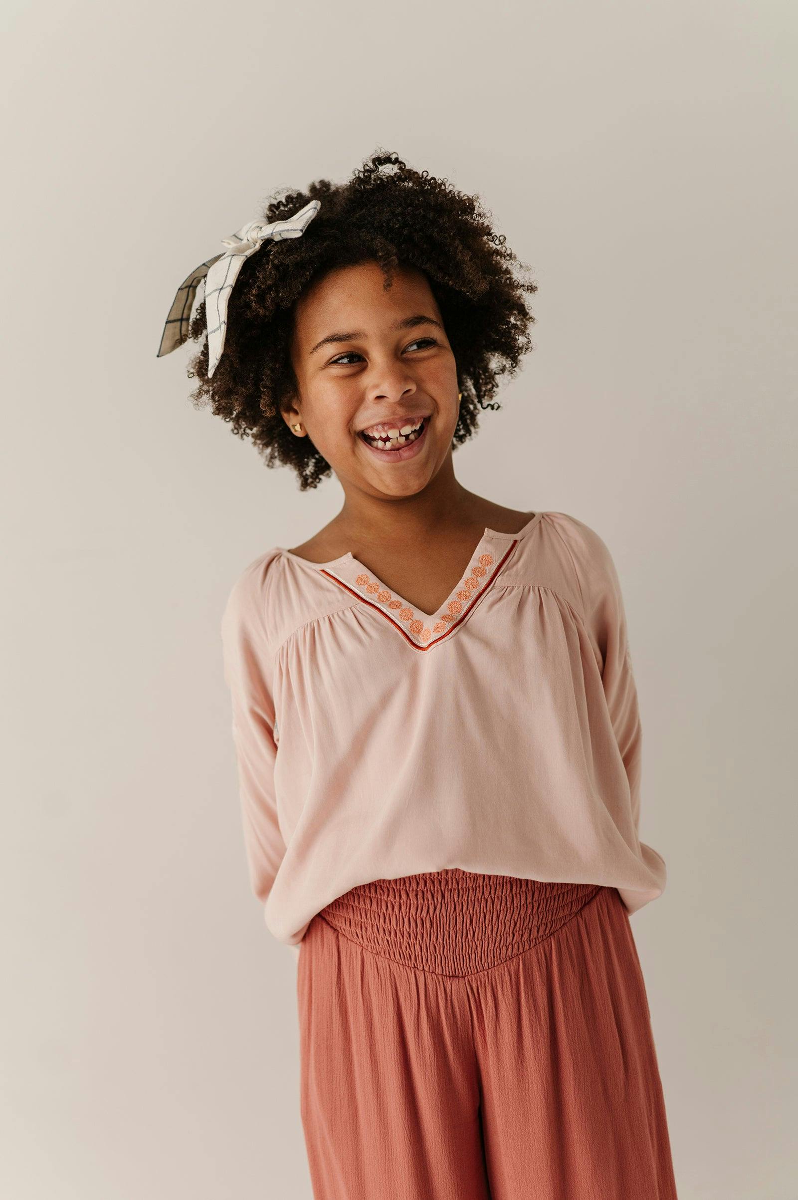 Girls Embroidery Art Peasant Top in Boho Peach Whip