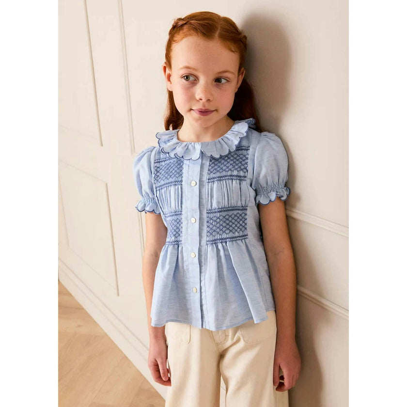 Smocked Peplum Scallop Collar Blouse in Blue (2-12yrs)