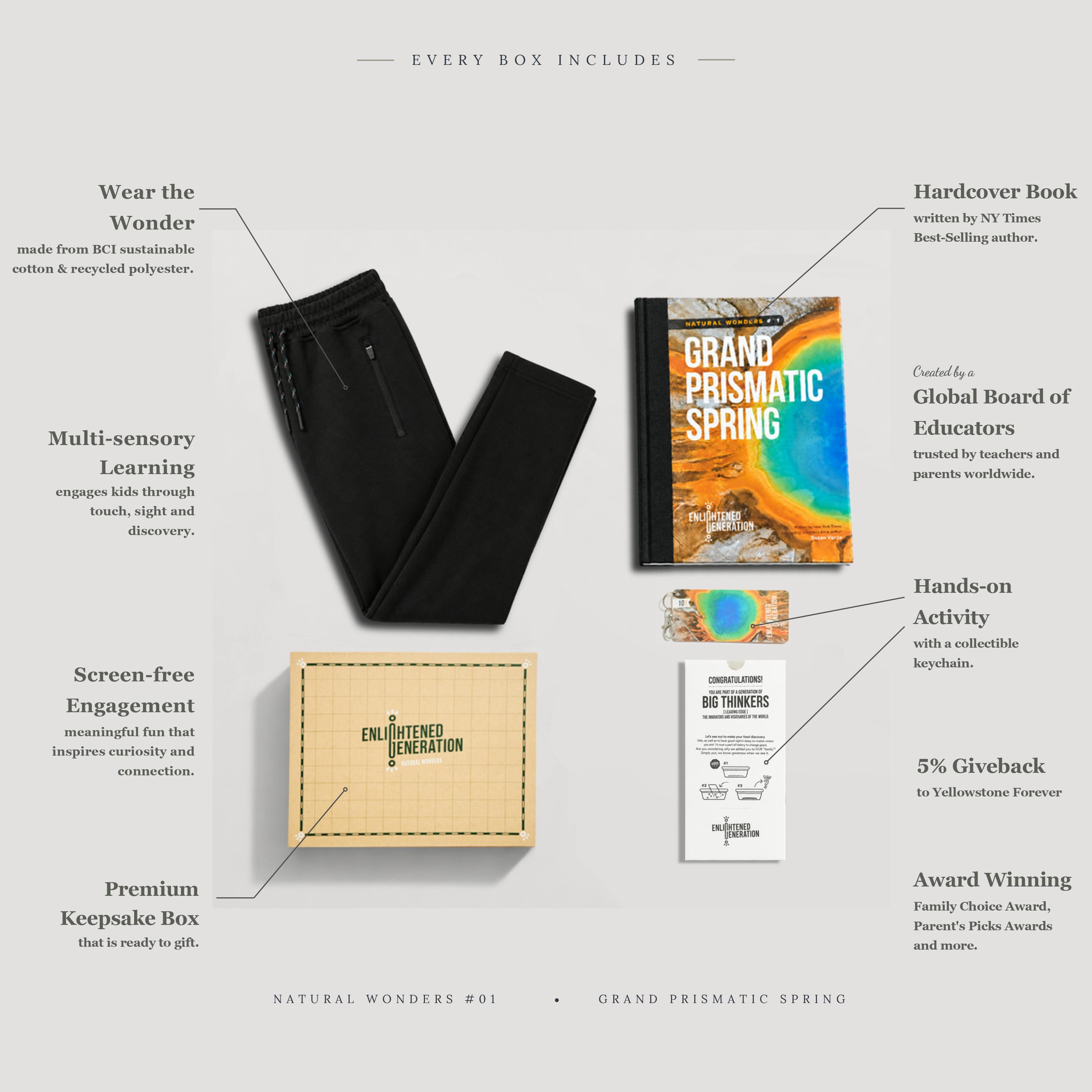 Grand Prismatic Spring Chase the Rainbow Gift Box with Kids Tech Fleece Joggers, Book, and Activities