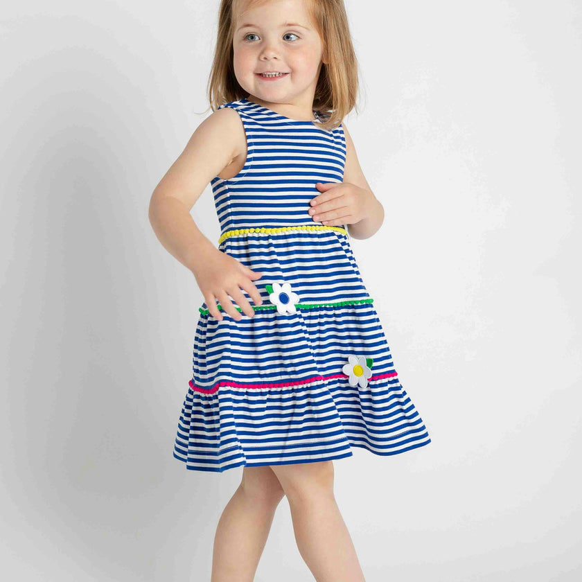 Stripe Knit Dress With Pom Poms & Flowers