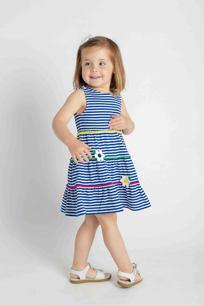 Stripe Knit Dress With Pom Poms & Flowers
