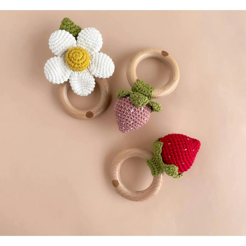 Cotton Crochet Rattle Teether Strawberry, Pink