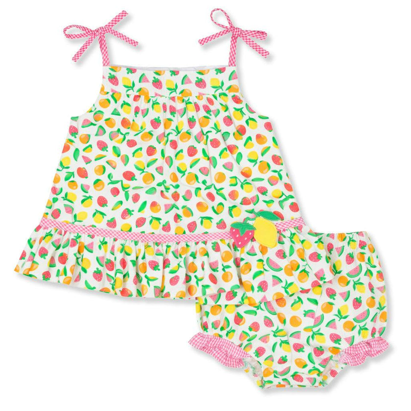 Printed Seersucker Dress & Bloomer With Fruit
