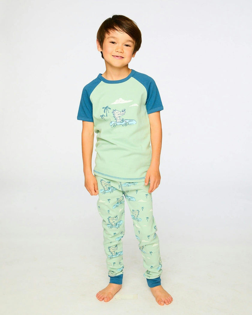 Organic Cotton Two-Piece Pyjama Set Green Crocodile Print