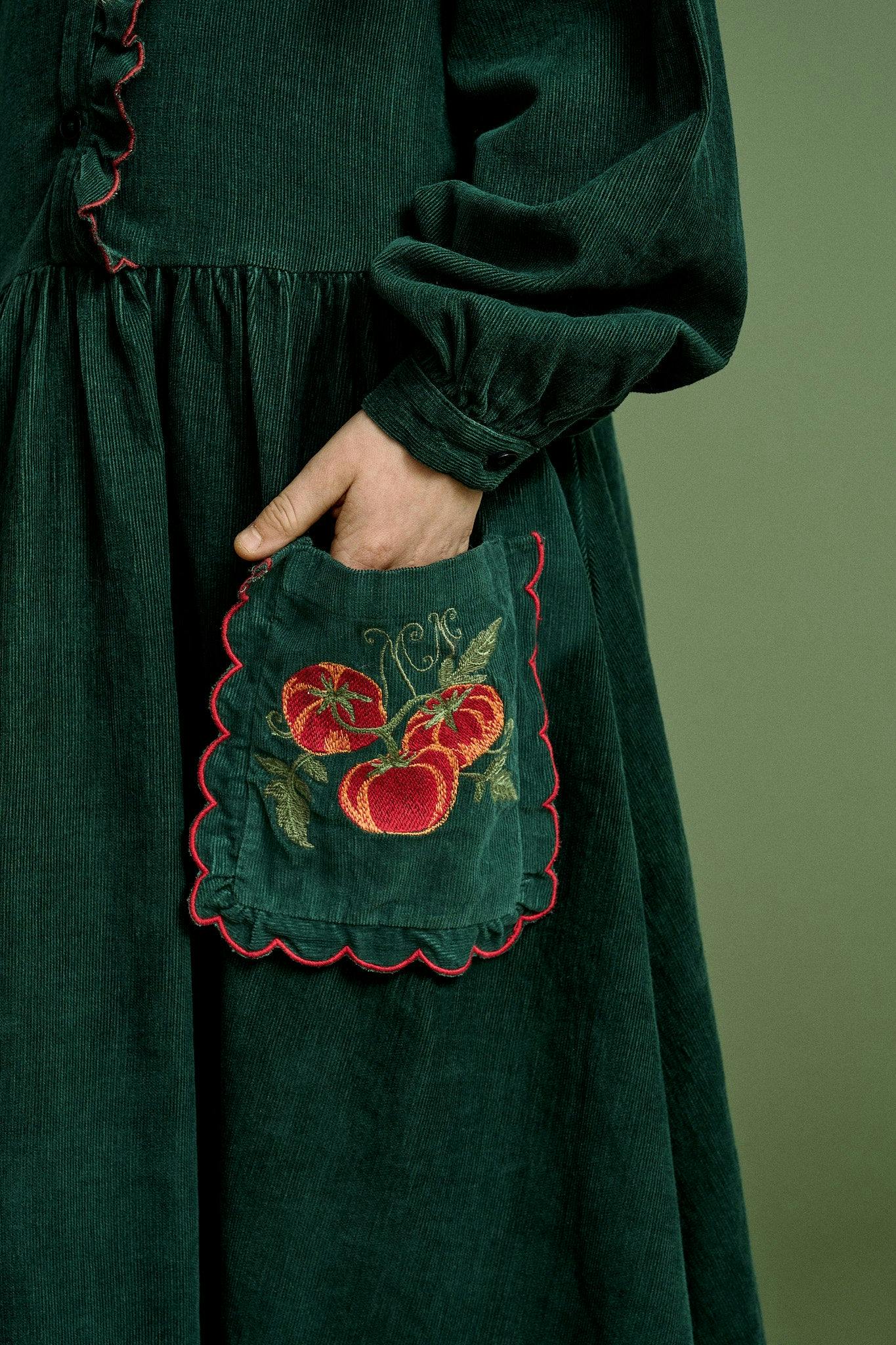 VEGETABLES EMBROIDERY MICROCORDUROY DRESS GREEN