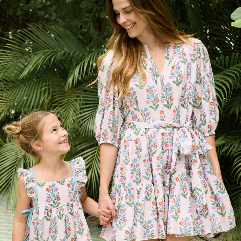 Girls Ailee Dress - Pink Dewdrop Block Print