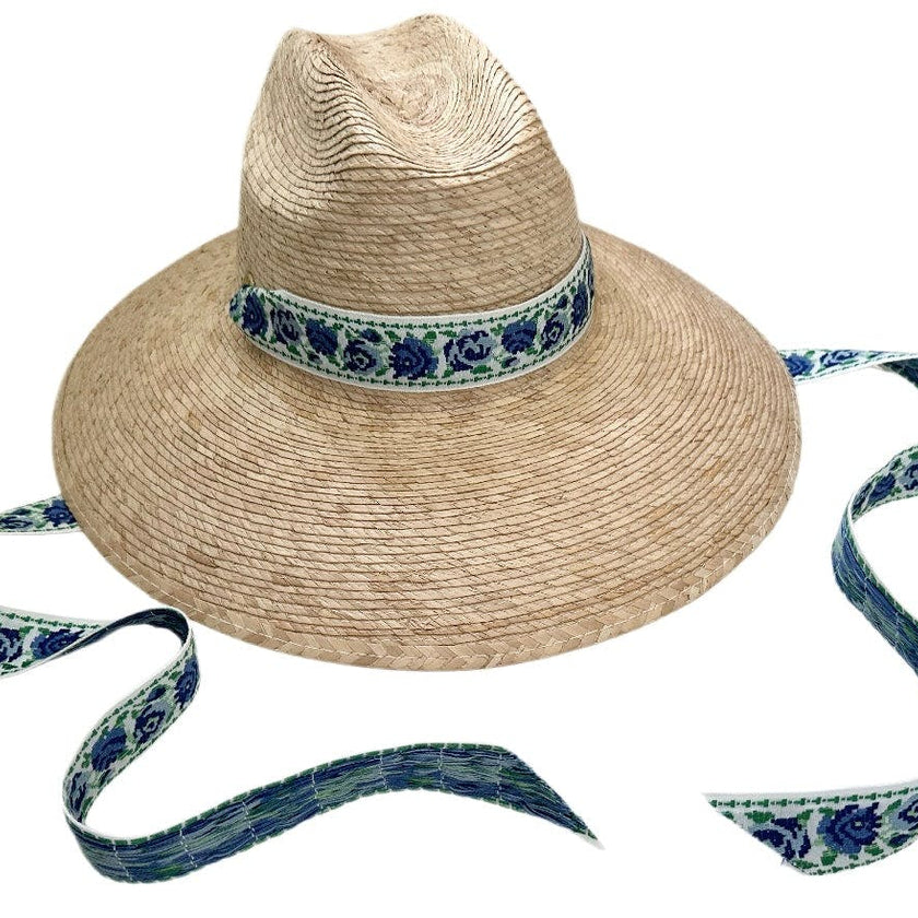 Hollyhock Sun Hat -  Vintage Azure Garden Rose Long Ribbon