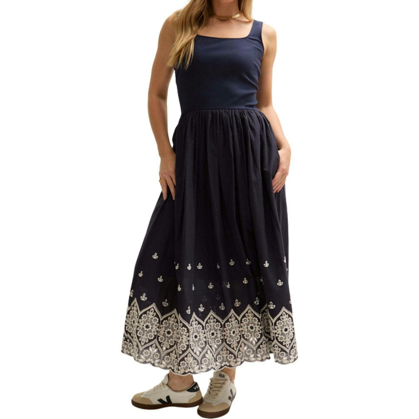 Cora Sleeveless Jersey Bodice Embroidered Midi Dress