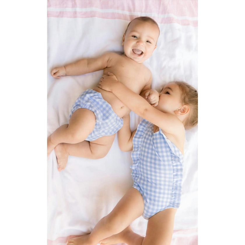 Girls Oasis Blue Gingham Ruffle One Piece