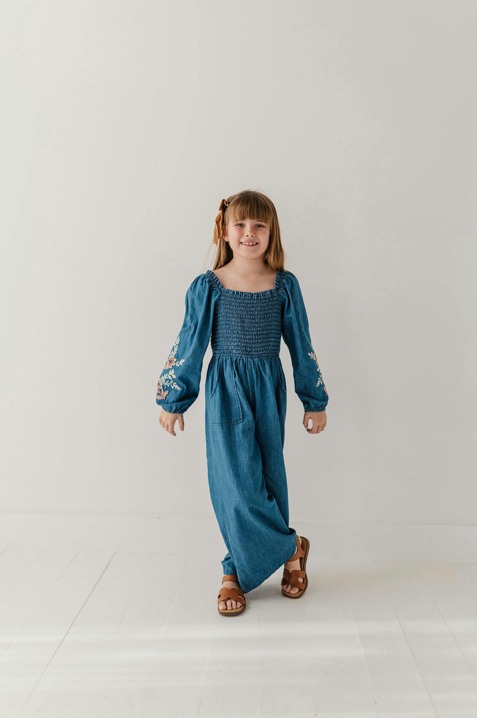 Girls Smocked Embroidery Jumpsuit in Chambray Embroidery