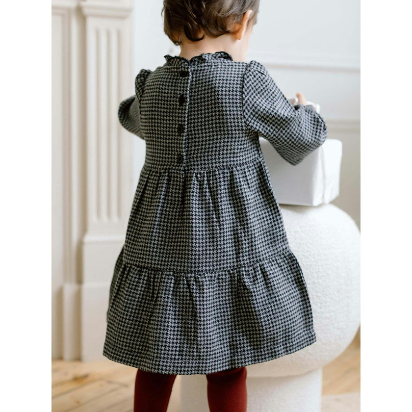 KENDI Neela Flannel Ruffle Neckline Long Sleeve Dress Navy Plaid