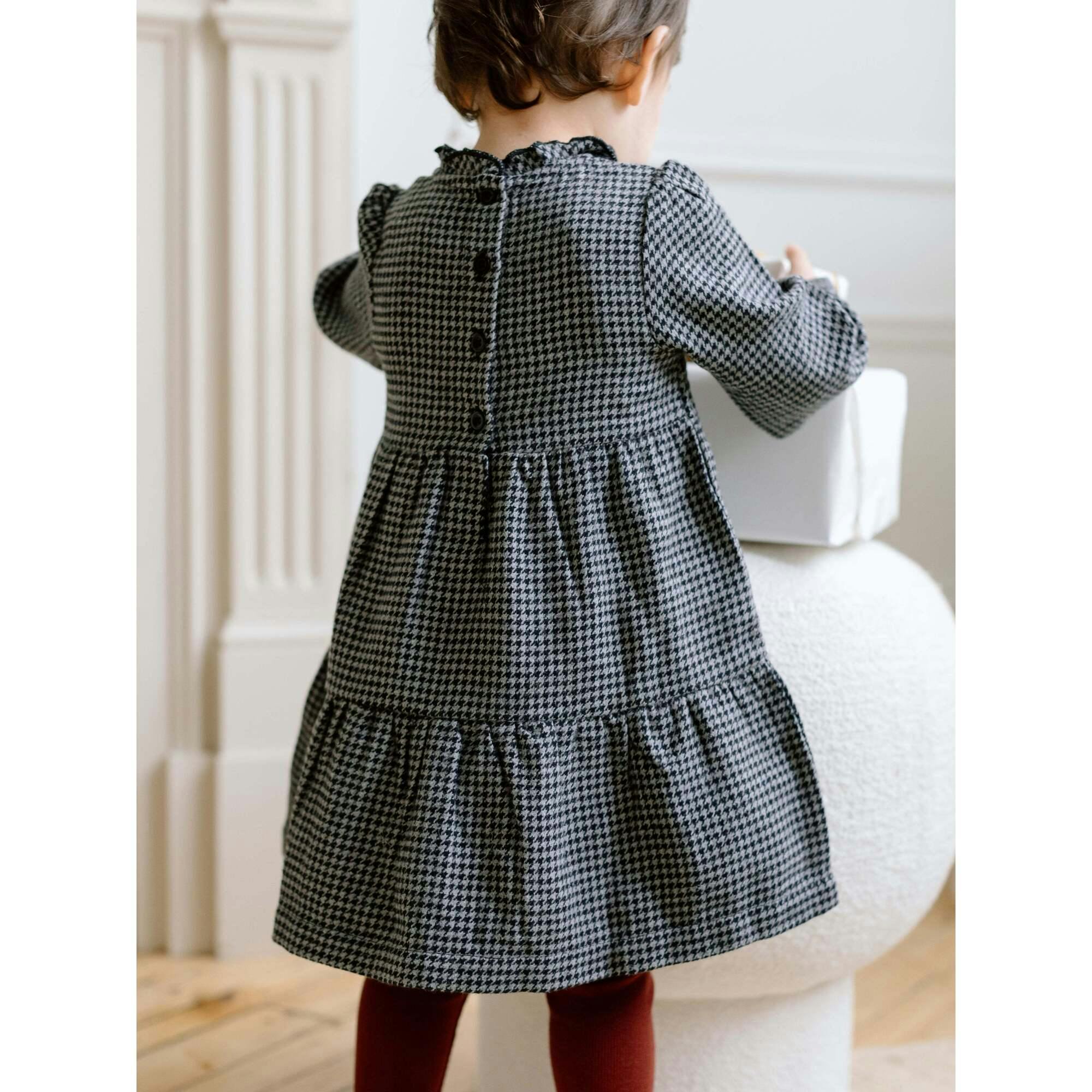 KENDI Neela Flannel Ruffle Neckline Long Sleeve Dress Navy Plaid